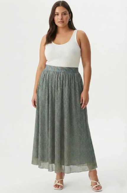 Plus Size Ethnic Metallic Pleated Elastic Waist Boho Festival Fashion Maxi Skirt